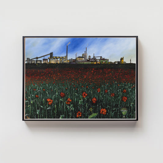 Industrie mit Mohnblüten